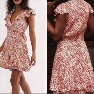 Free People Wrap Mini Dress L Orange Animal Print Ruffle French Quarter Boho